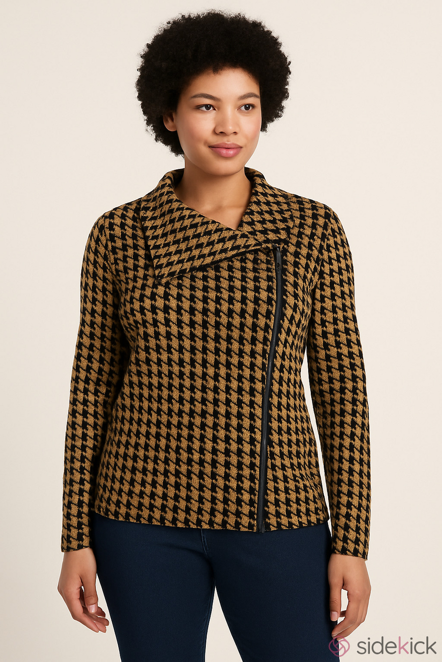 Chaps Houndstooth Asymmetrical Knit Sweater Jacket Medium Beige/Black